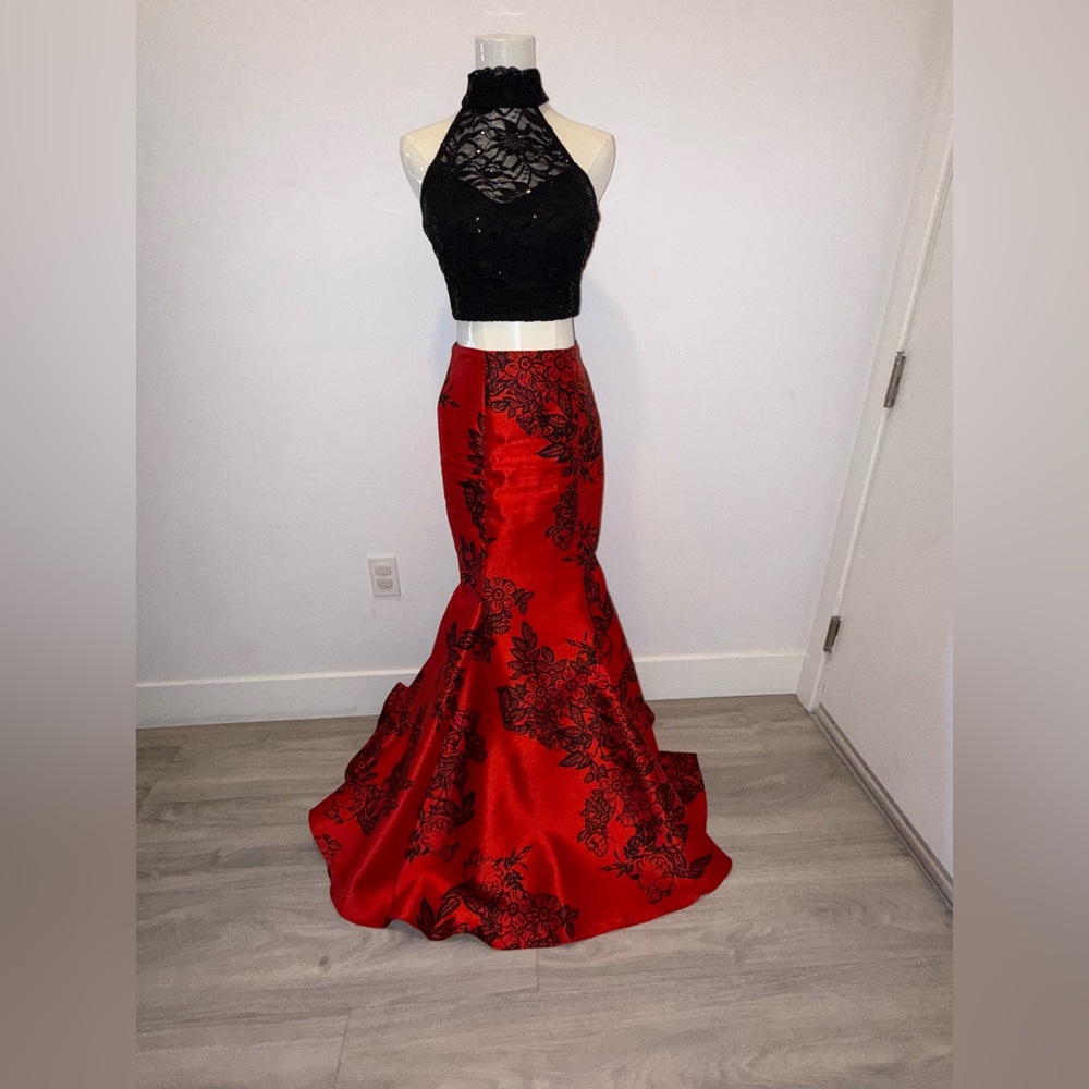 Windsor Black and Red Floral Lace Prom Dress